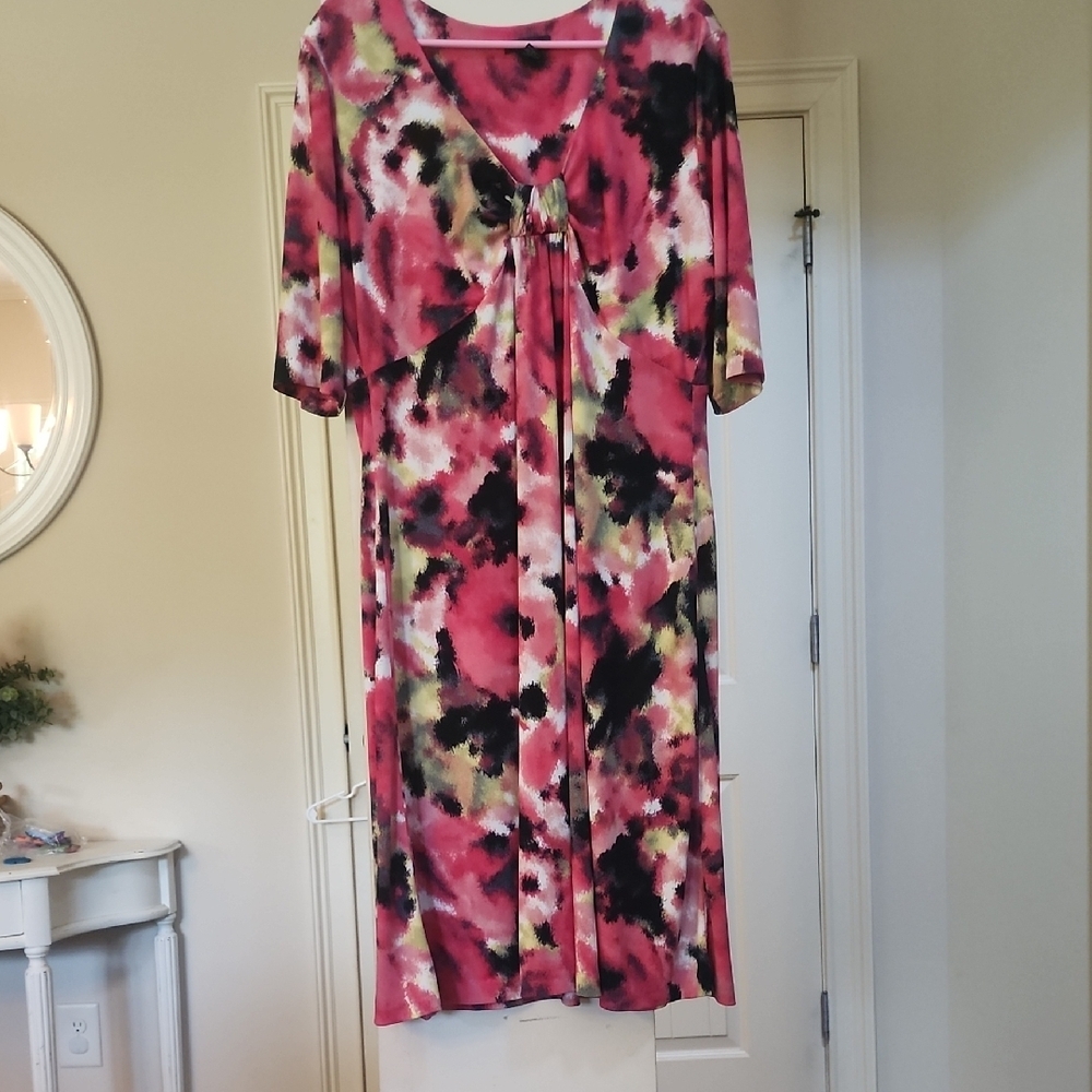 Alfani Womens Plus Size XL Abstract Print Midi Dress V Neck‎ Gathered Waist